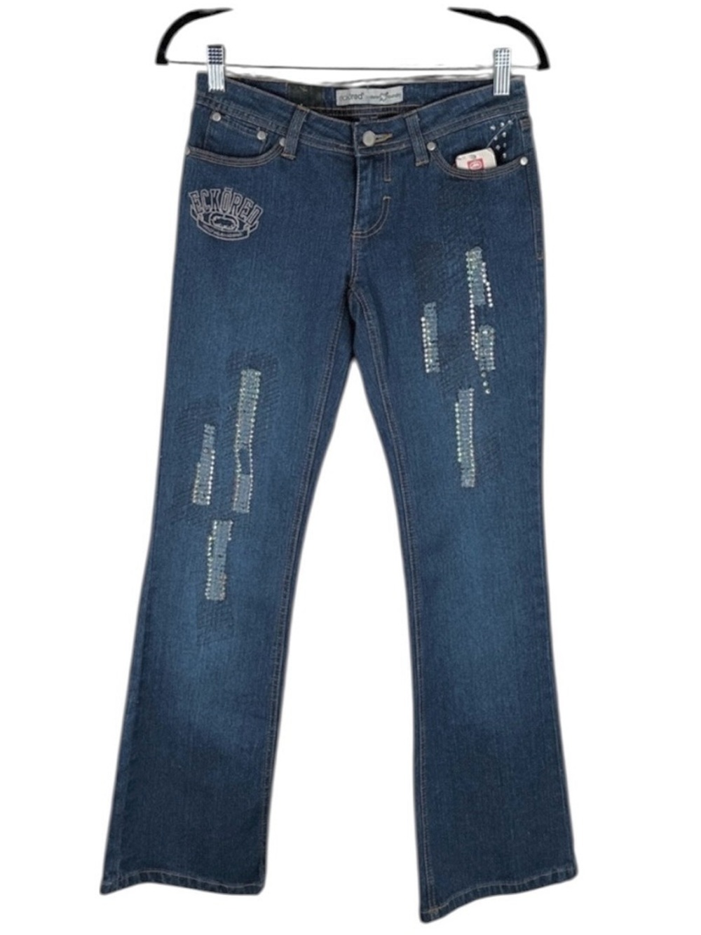 Ecko Women's Triple Rhino Destroy Sequin Distressed Low Rise Wide Leg Jeans New!